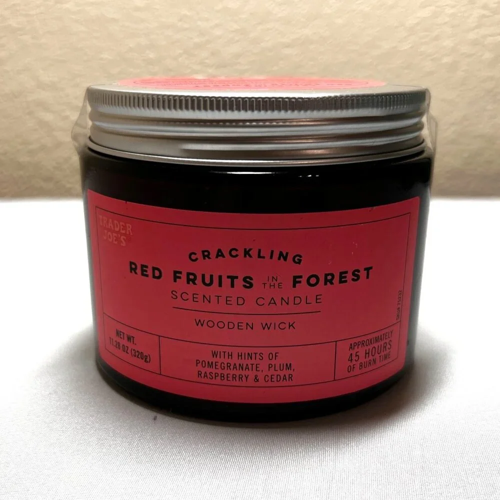 NEW Trader Joe's Candle Red Fruits in the Forest Jar Crackling Wooden Wick
